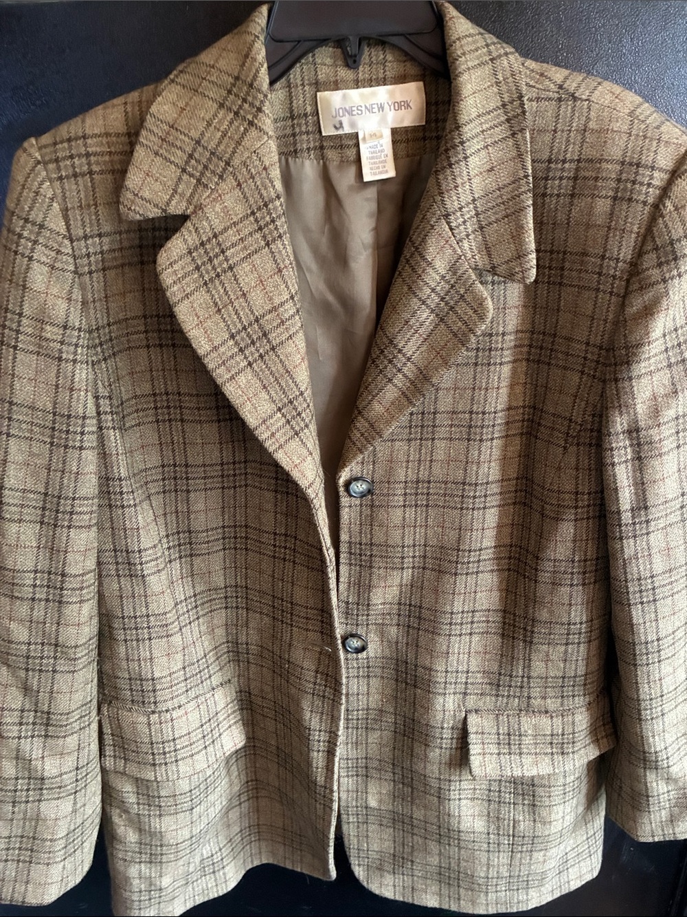 Jones New York Tan and Brown Plaid 100% Wool Blazer Vintage 14